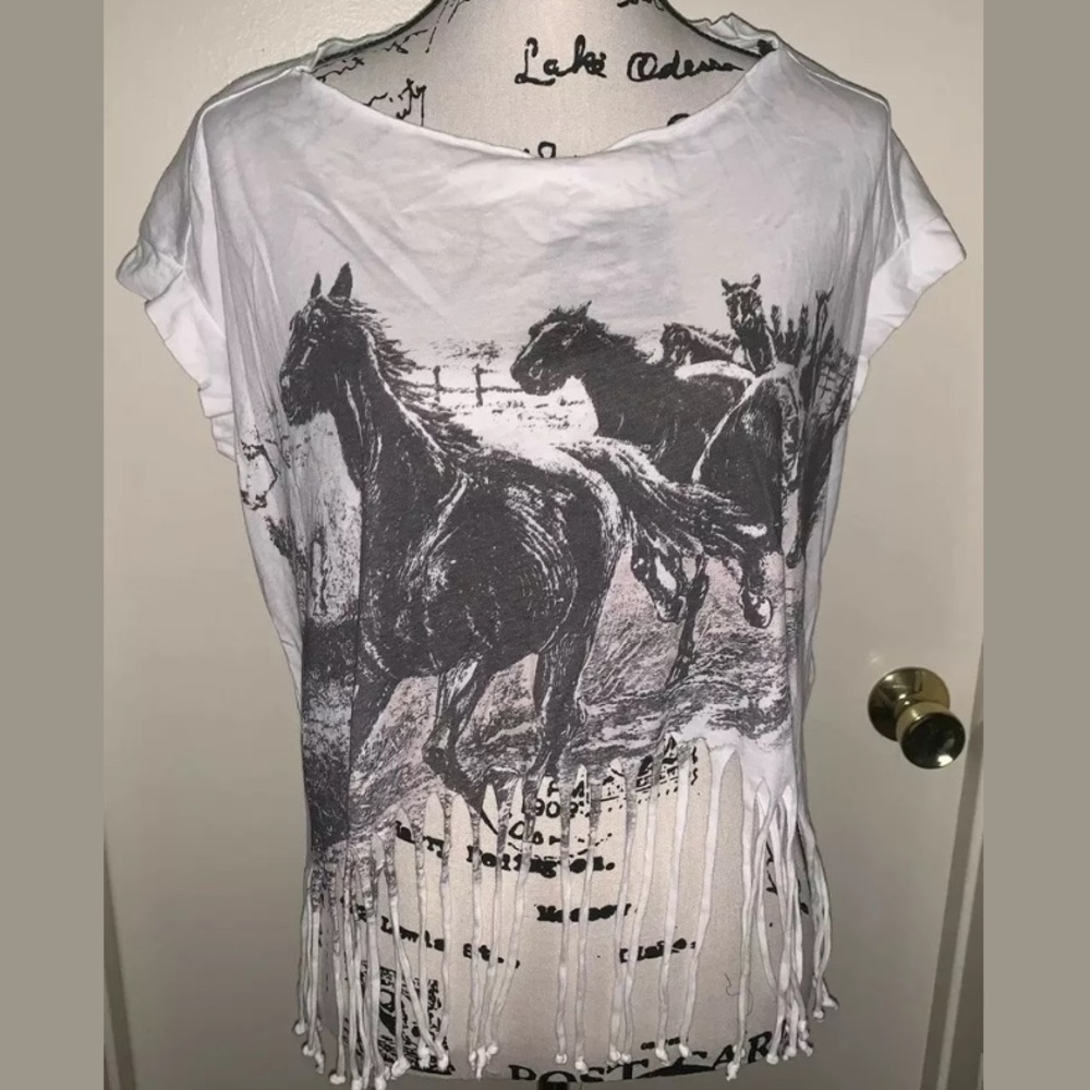 AllSaints White Horses Tassels Crop Top Tee Small